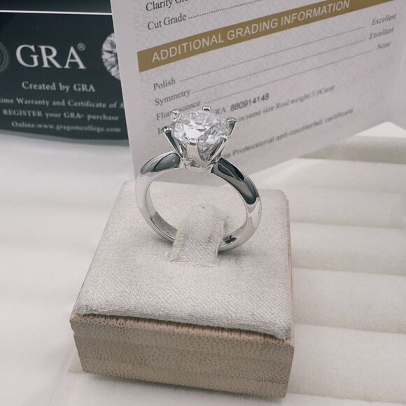 GRA Jewelry - Moissanite Solitaire Engagement Ring 3.0Ct 9Mm Size 7 GRA Certified